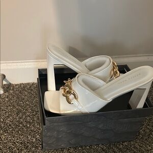 Amina Muaddi Gold Chain White Heels